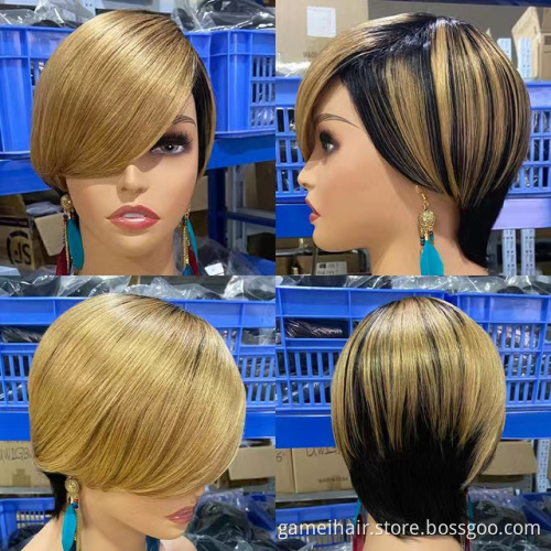 Human Hair Wigs Perruque Short Pixie Cut  Straight  Bob Wigs With Bangs Full Machine Made Wigs For Black Women 150% Density
